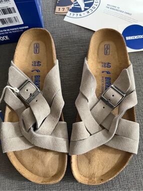 NEW BIRKENSTOCK Lugano Sandals Size 40 W9/M7 Narrow Fit Soft Footbed Stone Coi